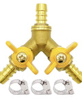Brass Three Eighth Inch Hose Barb Y Shaped Three Way Shut Off Valve with two switches and clamps for water, fuel, and air