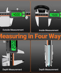 Type-C Rechargeable Digital Caliper with Stainless Steel Vernier, measuring in four ways: outside, inside, depth, and step.