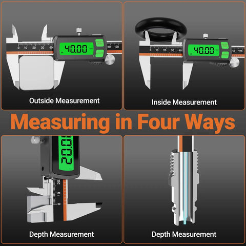 Type-C Rechargeable Digital Caliper with Stainless Steel Vernier, measuring in four ways: outside, inside, depth, and step.