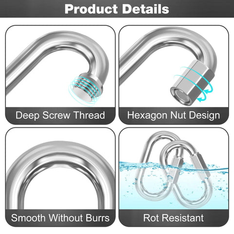 M6 Quick Links Chain Connectors 50 Pack 2.3 Inch Long Quarter Inch Thick Galvanized Heat Treated Steel Locking Carabiners Weatherproof Rust Resistant details of design features