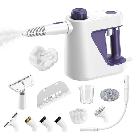 Portable Handheld Steam Cleaner And Detail Steamer For Cars And Tile Floors with multiple attachments and accessories.