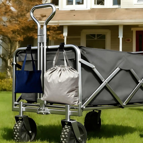 Wagon Side Hooks Upgrade Heavy Duty 30Kg Capacity Must Have Two Pack For All Wagons Stroller Hooks holding bags on lawn.