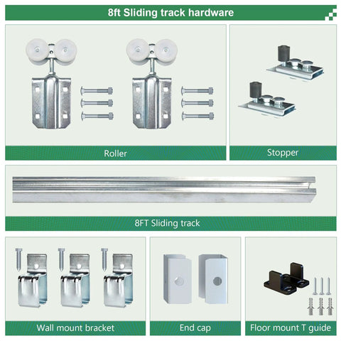 8 Foot Galvanized Box Track Sliding Barn Door Hardware For Exterior Use components including roller, stopper, and brackets