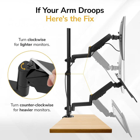 Slick Sit Stand Monitor Arm With Keyboard Tray For Up To 32 Inch Displays, adjusting height with black gas spring arms.