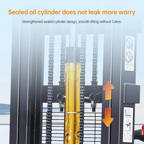 Compact Electric Pallet Stacker Forklift with sealed oil cylinder design for smooth lifting and durability in warehouse use.