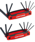 Metric And SAE Fold Up Hex Key Set With Dual Material Folding Handles 14 Piece Includes 9 In 1 And 8 In 1 Hex Keys on white background