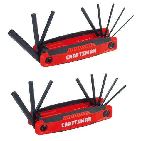 Metric And SAE Fold Up Hex Key Set With Dual Material Folding Handles 14 Piece Includes 9 In 1 And 8 In 1 Hex Keys on white background