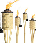 Faux Bamboo Outdoor Torches 4 Pack Sundried Color 60 Inch Tall, woven canister with flames, backyard tropical decor.