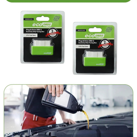 2 Pack OBD2 Fuel Saver Module For Most Cars Plug And Play Energy Optimizer That Talks To Your ECU To Fine Tune Fuel Injectors And Timing Boosting Gas Mileage Smoother Ride And Quicker Throttle Feel Green displayed in packaging and in use under a car hood