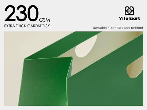 Close-up of green 230 gsm cardstock from Bulk 10 Pack Paper Gift Bags With Satin Ribbon Handles Assorted Colors Small Gift Wrapping Set.