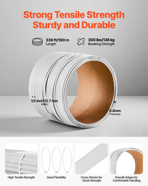 Pro Grade Heavy Duty Manual Banding Strapping Kit With Sealer Tool And 330 Ft PP Band 100 Metal Seals Plastic Pallet Strapping Set For Warehouse Shipping Moving And Home Use, 1/2 in white PP roll