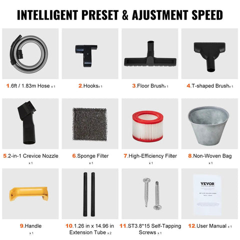 Image showing accessories of Five Gallon Wet Dry Shop Vacuum 60 CFM 6 HP Peak Power Beast Suction, including hose, brushes, filters, and more.