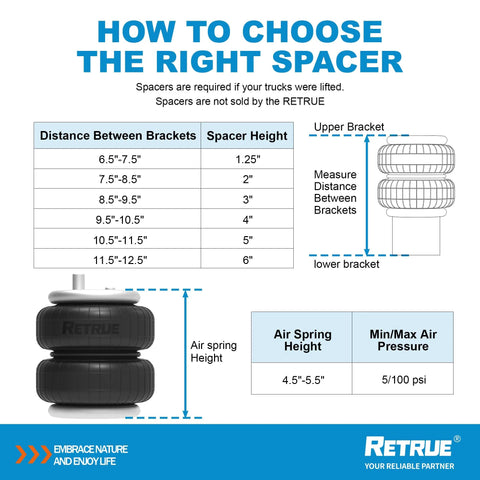 RETRUE rear air bag suspension kit for Toyota Tacoma (2005–2023), 2WD/4WD, 5000 lb load leveling capacity.