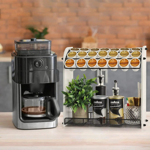 Large Capacity K Cup Holder And Coffee Pod Organizer For Home Office And Kitchen Counter Storage Holds 28 Pods On Top Plus Space For Extra Cups And Accessories Keeps Your Coffee Bar Neat And Ready For Busy Mornings with coffee machine and plant
