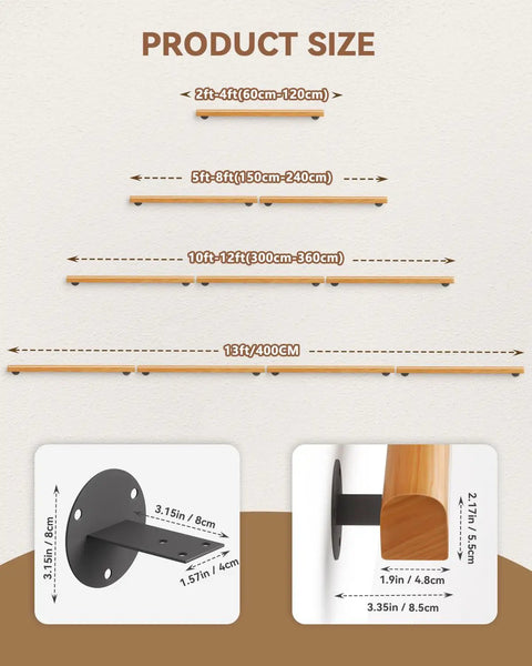 Product size chart for Rock Solid 2 Foot Wooden Stair Railing Wall Mount Handrail with dimensions visible.