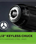 Close-up of half inch keyless chuck on the Beast 24V Brushless Cordless Drill Kit With Two 2Ah Batteries And 2A Charger, LED Light