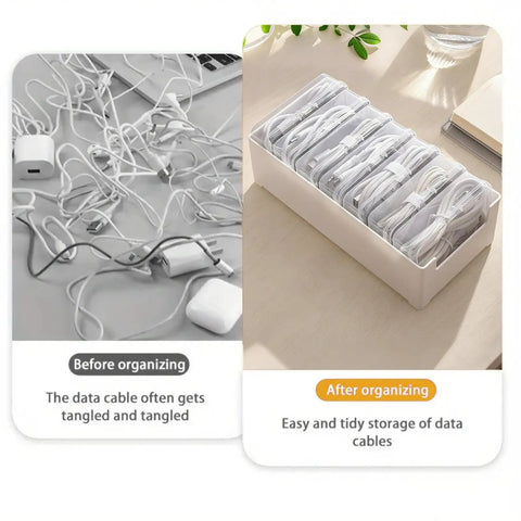 Before and after image showing 2 Pack Cable Organizer Box With 7 Clear Compartments For Desk Chargers And Wire Management