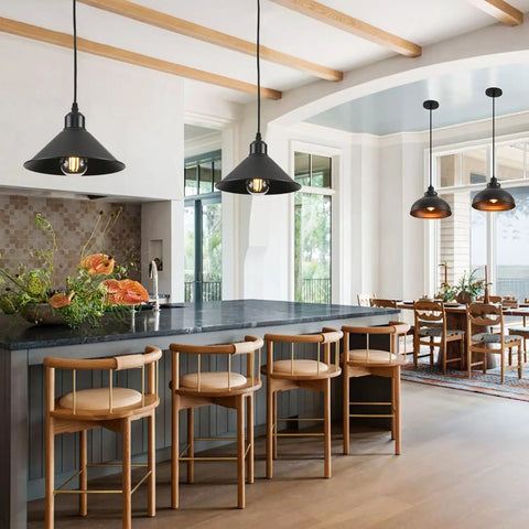 Heavy Duty Black Plug In Pendant Lights 2 Pack Industrial Hanging Lamps With 15 Foot Adjustable Cord And Switch in a modern kitchen.