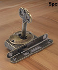Set Of Five Antique Furniture Locks For Cabinets And Drawers With Old School Vibe, vintage lock and key on wooden surface.
