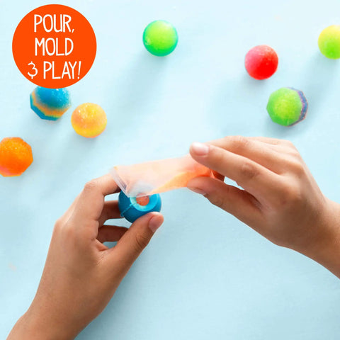 Glow In The Dark Power Balls Diy Stem Kit With 18 Multicolor Crystal Orbs Molds And Instructions Included For Easy Assembly And Bouncy Night Time Fun Tonight. Kids pour crystals into a blue mold