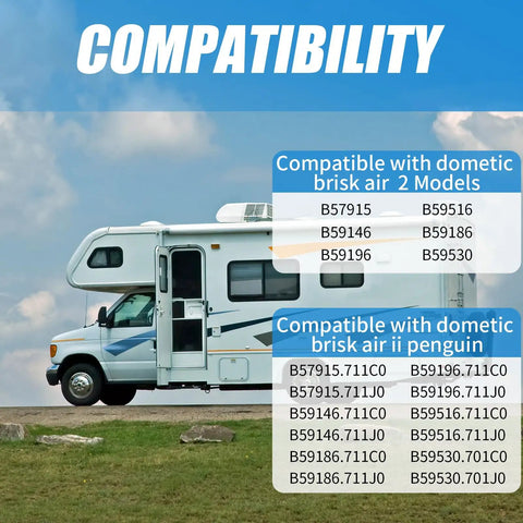 Compatibility chart for RV Air Conditioner Fan Motor With Capacitor 1/4 HP 3 Speed Beefed-Up Replacement showing Dometic models.