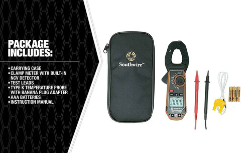 Clamp Meter 400A AC Current Tester With Built In Voltage Tester And Third Hand Probe Holder CAT III 600V shown with accessories