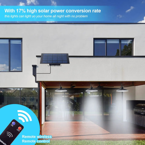 Solar Powered Shed Lights With 3 Heads And Remote Control No Fuss IP65 Weatherproof Outdoor Indoor Hanging Night Light illuminating a yard