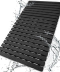 No Sweat Non Slip Shower Mat For Tub, Heavy Duty Premium TPE Bathtub Rug With Rapid Drainage Grooves, black textured mat on wet surface.