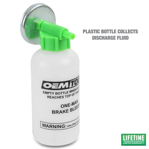 OEMTOOLS Bleed-O-Matic One-Man Brake Bleeder Kit bottle with green top and opaque white container (front view)