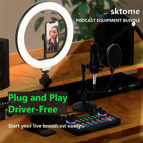 All In One Podcast Mic Bundle With 48V XLR Mic, Voice Changer, Adjustable Stand shown on a desk with ring light and sound card.