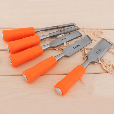 Real Deal Five Piece Wood Chisel Set With Heavy Duty Steel Hammer Ends And Smooth Ergonomic Grips, 6mm to 32mm sizes.