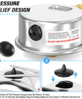 Stainless steel cylindrical pressure relief device with brass 1/4 NPT outlet and removable rubber plugs.