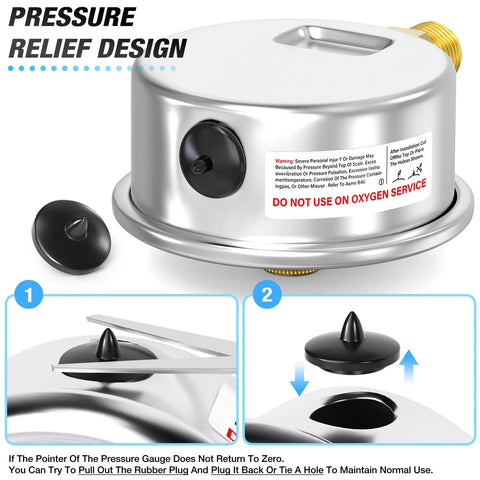 Stainless steel cylindrical pressure relief device with brass 1/4 NPT outlet and removable rubber plugs.