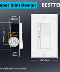 Five Pack Single Pole And Three Way Dimmer Light Switch With Wall Plates dimensions and design features on a dark background.