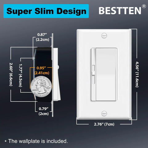 Five Pack Single Pole And Three Way Dimmer Light Switch With Wall Plates dimensions and design features on a dark background.