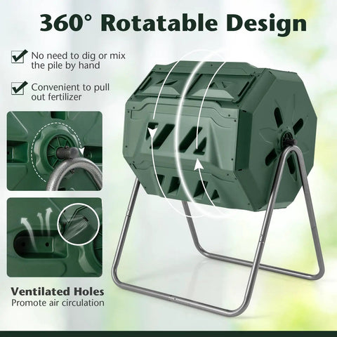 Outdoor 42 Gallon Dual Chamber Compost Tumbling Bin With 360 Degree Rotating Barrel Heavy Duty Metal Frame BPA Free visible