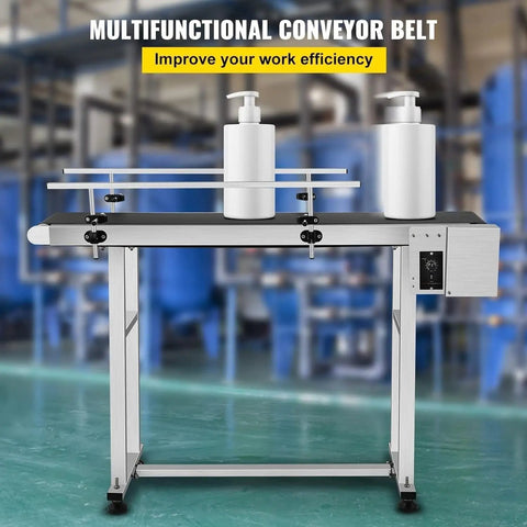 Industrial Conveyor Table 59 By 7.8 Inch Stainless Steel Belt System With 60W Motor Electric PVC Anti Static Adjustable Speed Double Guardrails Heavy Duty Transport For Packaging Use featuring bottles on belt