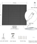 5W Solar Panel Charger For Wyze Battery Cam Pro And Wyze Outdoor V1 V2 With USB C Port IP65 Waterproof Adjustable Wall Mount And Micro USB Adapter; image shows solar panel dimensions, USB-C port, and accessories.