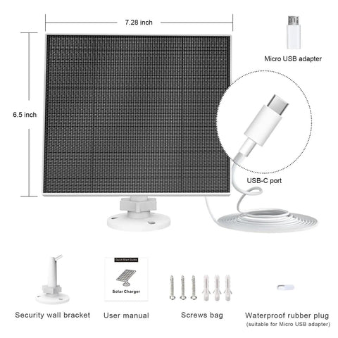 5W Solar Panel Charger For Wyze Battery Cam Pro And Wyze Outdoor V1 V2 With USB C Port IP65 Waterproof Adjustable Wall Mount And Micro USB Adapter; image shows solar panel dimensions, USB-C port, and accessories.