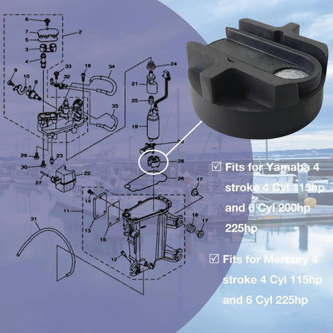 Diagram showing VST Fuel Filter 68V13915 Replacement For Yamaha 115HP 200HP 225HP outboard motors, with part details.