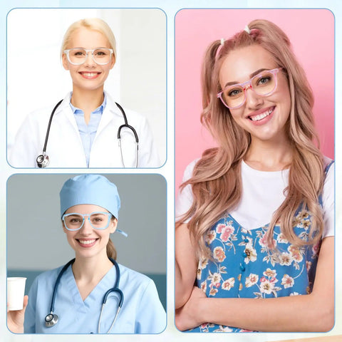 Women wearing 12 Pack Pro Grade Anti Fog Safety Glasses With Side Shields For Lab Work And Nursing Clear Protective Eye Goggles For Women Men