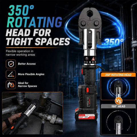 Heavy Duty 21V Cordless Hydraulic Pipe Crimper With 60KN Force For Copper HVAC Plumbing, featuring a 350° rotating head for tight spaces.