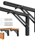 16 Inch Folding Shelf Brackets Set Of 2 Heavy Duty Stainless Steel Collapsible Triangle Shelf Brackets with screws and wood shelf.