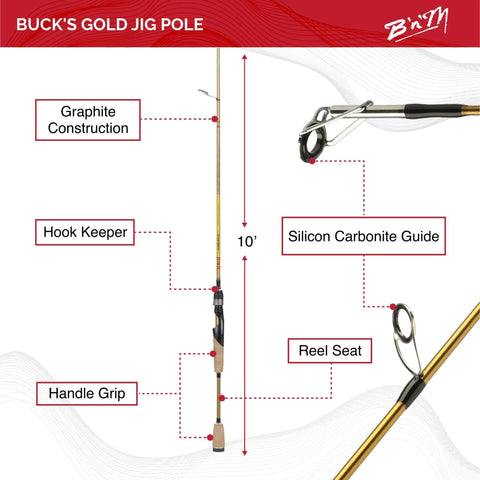 Gold Finish 10-Foot Two-Piece Jig Pole For Finesse Presentations, ultra lightweight jigging rod with reel seat, graphite construction