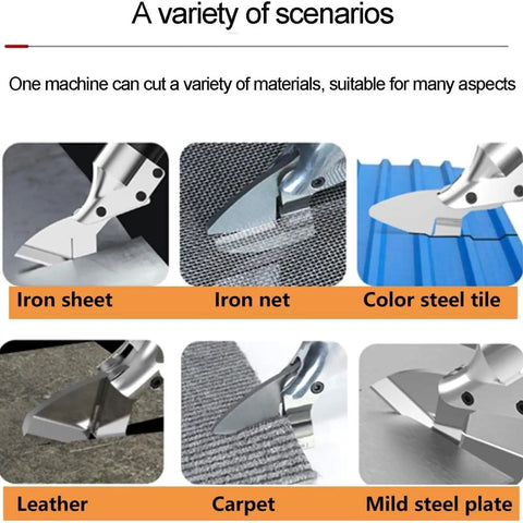 Heavy Duty Cordless Electric Shears For Metal Sheet Cutting And Leather Trimming With 800W Brushless Motor cutting through iron sheet, net, leather, carpet, and steel.