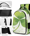 Green Three Leaf Clover Printed Unisex Backpack, durable polyester, breathable fabric, smooth zipper, side handle view