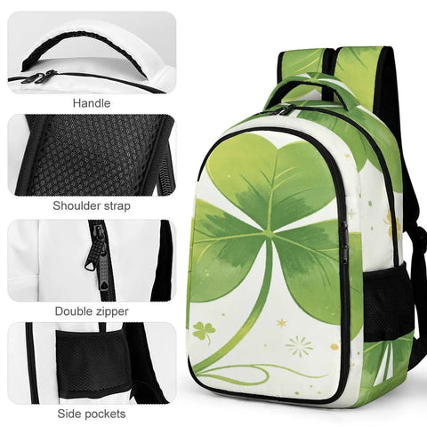 Green Three Leaf Clover Printed Unisex Backpack, durable polyester, breathable fabric, smooth zipper, side handle view