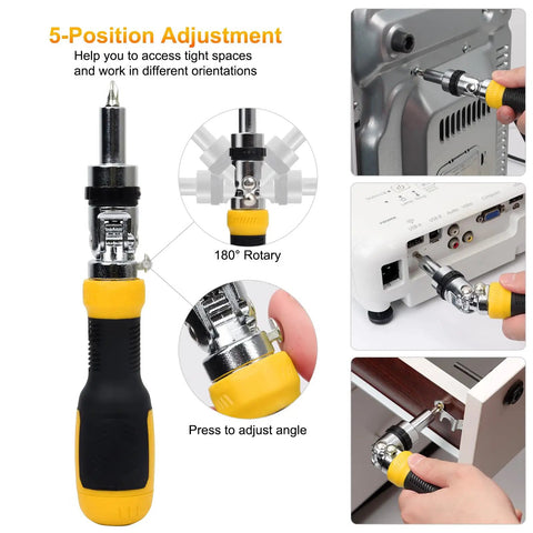 Ratcheting 13-In-1 Multi Bit Screwdriver Set With 180 Degree Pivot Magnetic Bits in use on various devices and furniture.