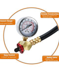 All In One Air Tank Repair Kit With Safety Valve And 0-200 PSI Gauge 4 Ft Hose Assembly Brass Manifold Tire Chuck And Thread Seal Tape For Portable Carry Tanks featuring pressure gauge and brass manifold