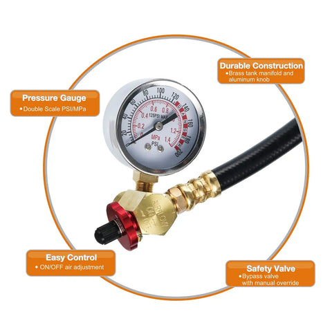 All In One Air Tank Repair Kit With Safety Valve And 0-200 PSI Gauge 4 Ft Hose Assembly Brass Manifold Tire Chuck And Thread Seal Tape For Portable Carry Tanks featuring pressure gauge and brass manifold